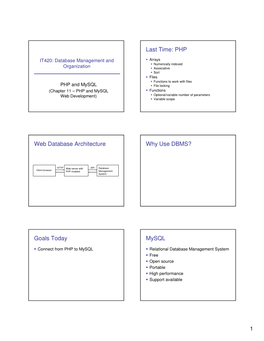 PHP Web Database Architecture Why Use DBMS? Goals Today Mysql