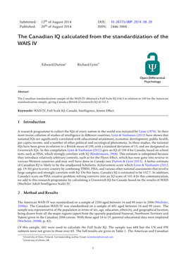 The Canadian IQ Calculated from the Standardization of the WAIS IV