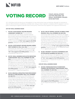 Voting Record on Voting Record Small Business Issues 2018 Edition