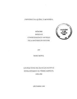 Les Fractions De L'élite Locale Et Le Développement Du Témiscamingue 1939-1950