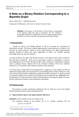 A Note on a Binary Relation Corresponding to a Bipartite Graph