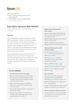 Data Sheet: Dynamic Web TWAIN™ Embed TWAIN Scanning in Your Web Application Image Saving, Uploading and in Minutes Downloading