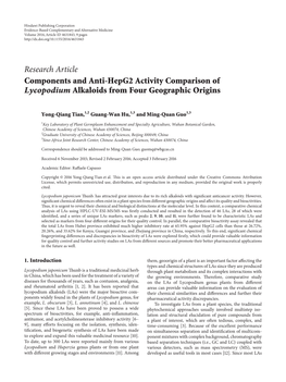 Research Article Components and Anti-Hepg2 Activity Comparison of Lycopodium Alkaloids from Four Geographic Origins