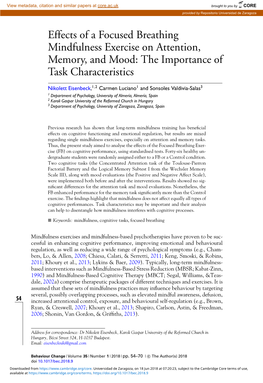 Effects of a Focused Breathing Mindfulness Exercise on Attention, Memory, and Mood: the Importance of Task Characteristics