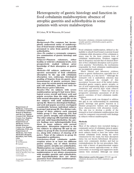 Heterogeneity of Gastric Histology and Function in Food Cobalamin Malabsorption: Absence of Atrophic Gastritis and Achlorhydria