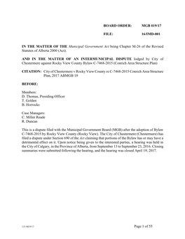 BOARD ORDER: MGB 019/17 FILE: 16/IMD-001 Page 1 of 55 in the MATTER of the Municipal Government Act Being Chapter M-26 of the Re
