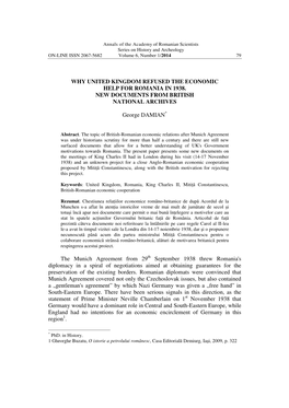 WHY UNITED KINGDOM REFUSED the ECONOMIC HELP for ROMANIA in 1938. NEW DOCUMENTS from BRITISH NATIONAL ARCHIVES George DAMIAN