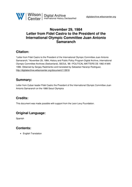 November 29, 1984 Letter from Fidel Castro to the President of the International Olympic Committee Juan Antonio Samaranch