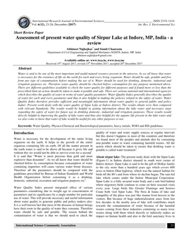 Present Water Quality of Sirpur Lake at Indore, MP, Indi Review