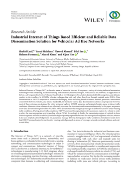 Research Article Industrial Internet of Things Based Efficient and Reliable Data Dissemination Solution for Vehicular Ad Hoc Networks