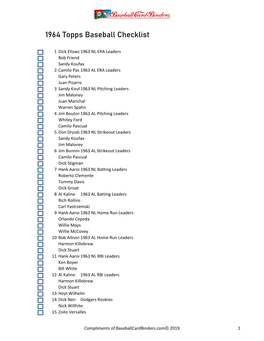 1964 Topps Baseball Checklist