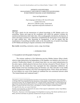 Management and Loss of Narrative Knowledge in Southwest Maluku (East-Indonesia) 1