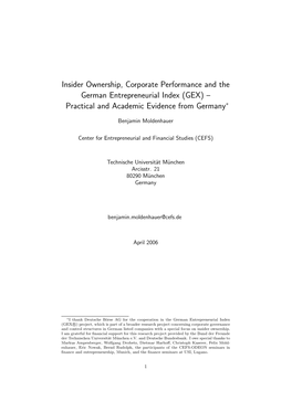 Insider Ownership, Corporate Performance and the German Entrepreneurial Index (GEX) – Practical and Academic Evidence from Germany∗