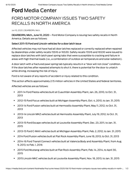 Ford Media Center Ford Media Center FORD MOTOR COMPANY ISSUES TWO SAFETY RECALLS in NORTH AMERICA