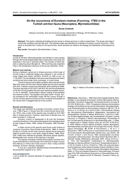 On the Occurrence of Euroleon Nostras (Fourcroy, 1785) in the Turkish Ant-Lion Fauna (Neuroptera, Myrmeleontidae)