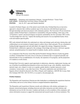 Humanities and Acquisitions Librarian / Assistant Professor / Tenure-Track