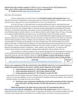 Read the Letter Below and Then Respond to ​GAHS Pre-Course Assignment Receipt 2020​ Google Form by Friday, June 5, 2020 to C