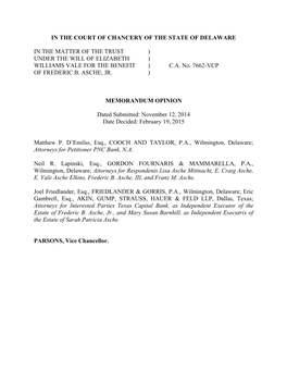 In the Court of Chancery of the State of Delaware in the Matter of the Trust Under the Will of Elizabeth Williams Vale For