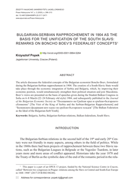 Bulgarian-Serbian Rapprochement in 1904 As the Basis for the Unification of the South Slavs: Remarks on Boncho Boev’S Federalist Concepts1