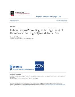 Habeas Corpus Proceedings in the High Court of Parliament in the Reign of James I, 1603-1625 Donald E