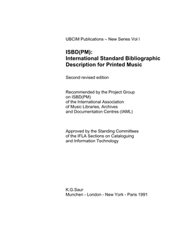 ISBD(PM): International Standard Bibliographic Description for Printed Music