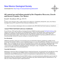 Oil, Natural Gas and Helium Potential of the Chupadera Mesa Area, Lincoln and Socorro Counties, New Mexico Ronald F