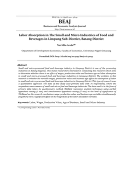 Labor Absorption in the Small and Micro Industries of Food and Beverages in Limpung Sub-District, Batang District