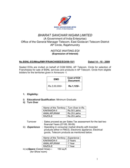 BHARAT SANCHAR NIGAM LIMITED (A Government of India Enterprise) Office of the General Manager Telecom, East Godavari Telecom District AP Circle, Rajahmundry