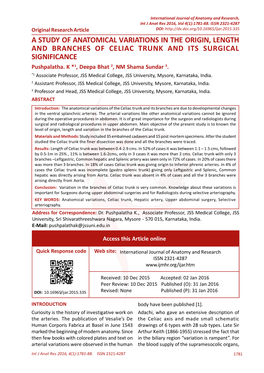 A STUDY of ANATOMICAL VARIATIONS in the ORIGIN, LENGTH and BRANCHES of CELIAC TRUNK and ITS SURGICAL SIGNIFICANCE Pushpalatha