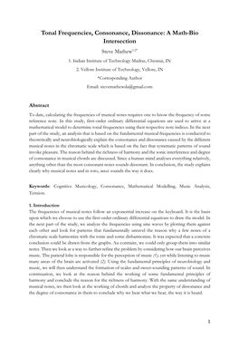 Tonal Frequencies, Consonance, Dissonance: a Math-Bio Intersection Steve Mathew1,2* 1