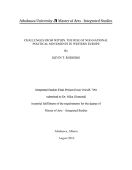 CHALLENGES from WITHIN: the RISE of NEO-NATIONAL POLITICAL MOVEMENTS in WESTERN EUROPE by KEVIN T. RODGERS Integrated Studies F