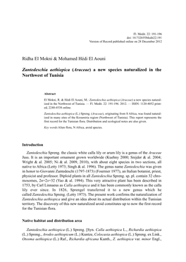 Ridha El Mokni & Mohamed Hédi El Aouni Zantedeschia Aethiopica (Araceae) a New Species Naturalized in the Northwest of Tuni