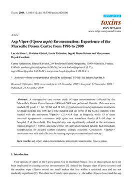 Vipera Aspis) Envenomation: Experience of the Marseille Poison Centre from 1996 to 2008