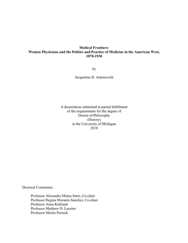 Women Physicians and the Politics and Practice of Medicine in the American West, 1870-1930