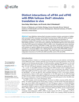 Distinct Interactions of Eif4a and Eif4e with RNA Helicase Ded1 Stimulate Translation in Vivo Suna Gulay, Neha Gupta, Jon R Lorsch, Alan G Hinnebusch*