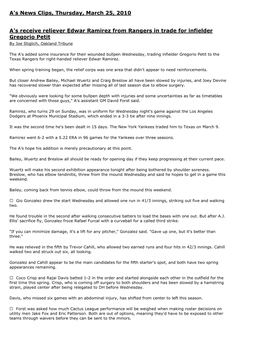 A's News Clips, Thursday, March 25, 2010 A's Receive Reliever Edwar Ramirez from Rangers in Trade for Infielder Gregorio Petit