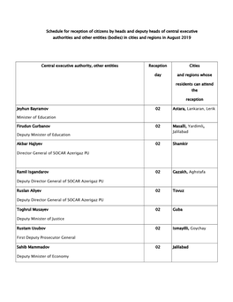 Schedule for Reception of Citizens by Heads and Deputy Heads of Central Executive Authorities and Other Entities (Bodies) in Cities and Regions in August 2019