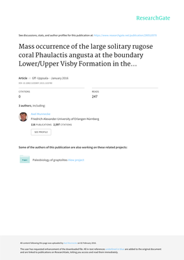 Mass Occurrence of the Large Solitary Rugose Coral Phaulactis Angusta at the Boundary Lower/Upper Visby Formation in The