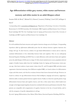 Age Differentiation Within Grey Matter, White Matter and Between Memory and White Matter in an Adult Lifespan Cohort