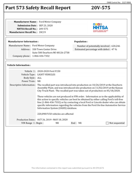 Part 573 Safety Recall Report 20V-575