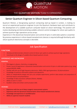 Senior Quantum Engineer in Silicon-Based Quantum Computing