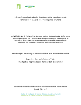 Información Actualizada Sobre Las AICAS Reconocidas Para El País, Con La Identificación De La AICAS Con Potencial Para El Aviturismo