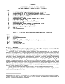 ROH Chapter 10, Rules, Regulations, Charges and Fees for Public Parks