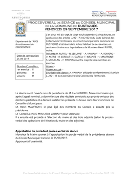PROCES-VERBAL De SEANCE Du CONSEIL MUNICIPAL De La COMMUNE De RUSTIQUES VENDREDI 29 SEPTEMBRE 2017