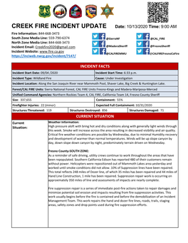 CREEK FIRE INCIDENT UPDATE Date: 10/13/2020 Time: 9:00 AM