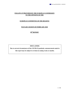 1 / 43 Follow-Up Provided by the European Commission to the Opinions of the European Committee of the Regions Plenary Session Of