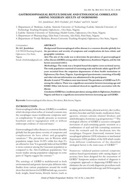 Gastroesophageal Reflux Disease and Etiological Correlates Among Nigerian Adults at Ogbomoso A.C