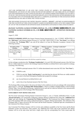 Jiangsu Nantong Sanjian International Co., Ltd. 江苏南通三建国际有限公司 and Nantong Sanjian Overseas Co., Ltd 南通三建海外有限公司 Announce Exchange Offer