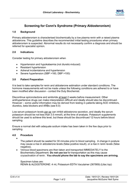 Screening for Conn's Syndrome Primary Aldosteronism