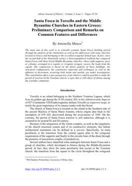 Santa Fosca in Torcello and the Middle Byzantine Churches in Eastern Greece: Preliminary Comparison and Remarks on Common Features and Differences